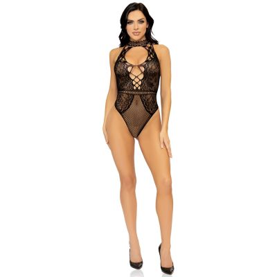 Leg Avenue Net and lace halter bodysuit OS Black Leg Avenue Net and lace halter bodysuit OS Black
