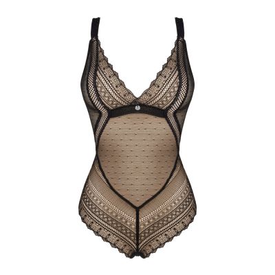 Мереживне боді з декольте Obsessive Estiqua teddy M-L, чорне, широкі лямки