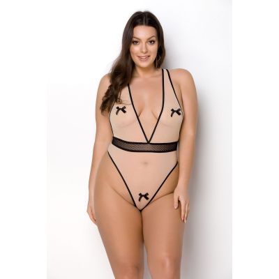 Боді Passion Viena Body 4XL/5XL beige, контрастне, бантики, вставка-сітка, відкриті сідниці