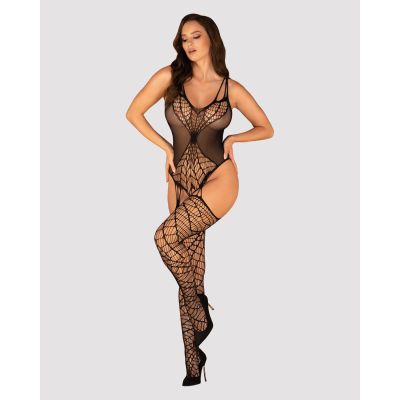 Ажурний бодістокінг під павутину Obsessive Bodystocking G325 black S/M/L, чорний, комбінезон, імітація пояса та панчіх