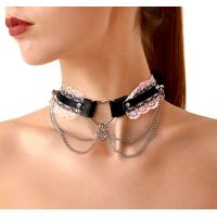 Сексуальний чокер Art of Sex — Karen із натуральної шкіри, чорно-рожевий