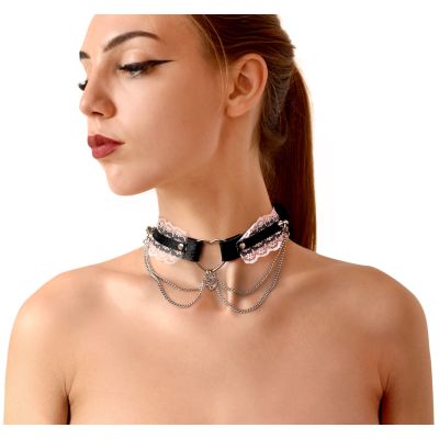 Сексуальний чокер Art of Sex — Karen із натуральної шкіри, чорно-рожевий