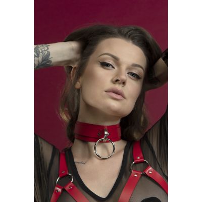 Чокер широкий із кільцем для повідця Feral Feelings — Collar, червоний, натуральна шкіра