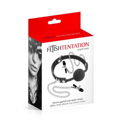 Кляп із силіконовою кулькою та затискачами для сосків Fetish Tentation Gag Ball with Nipple Clamps