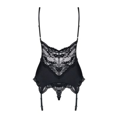 Сатиновий мереживний корсет Obsessive 810-COR-1 babydoll & thong S/M, чорний, корсет, танга