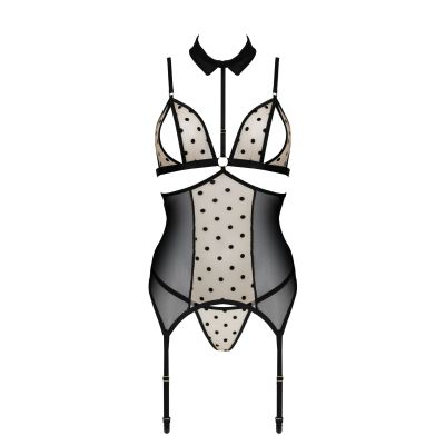 Корсет з відкритими грудьми Passion DOMINICA CORSET L/XL beige, пажі для панчіх, стрінги