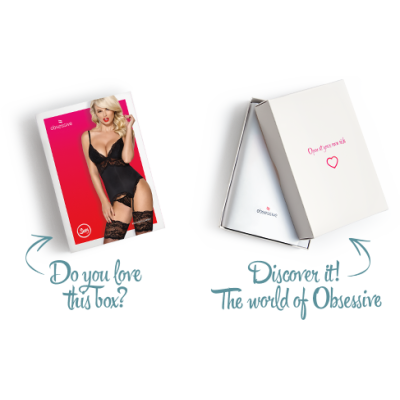 Сатиновий мереживний корсет Obsessive 810-COR-1 babydoll & thong L/XL, чорний, корсет, танга