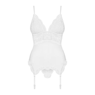Сатиновий мереживний корсет Obsessive 810-COR-2 babydoll & thong L/XL, білий, корсет, танга