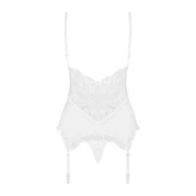 Сатиновий мереживний корсет Obsessive 810-COR-2 babydoll & thong L/XL, білий, корсет, танга