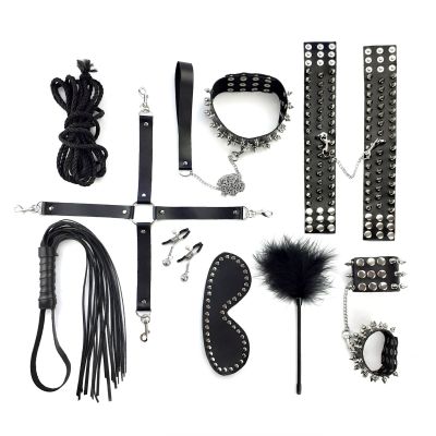 Набір Art of Sex — Spikes BDSM Set Leather, 10 предметів, натуральна шкіра, чорний