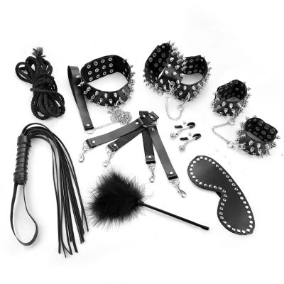 Набір Art of Sex — Spikes BDSM Set Leather, 10 предметів, натуральна шкіра, чорний