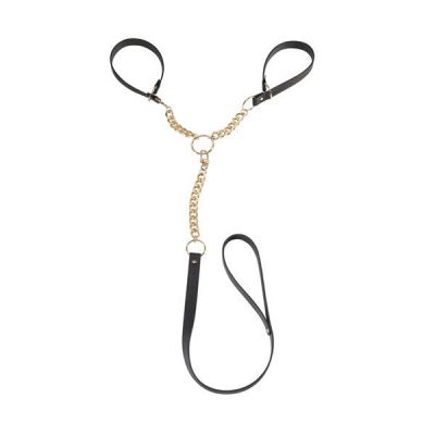 Наручники з повідцем Indiscrets MAZE — T-Restraints Black, екошкіра, подарункове паковання