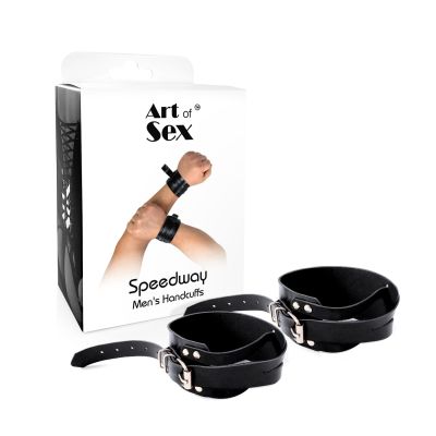 Чоловічі шкіряні наручники Art of Sex — Man Handcuffs Speedway, L-2XL, колір чорний Чоловічі шкіряні наручники Art of Sex — Man Handcuffs Speedway, L-2XL, колір чорний