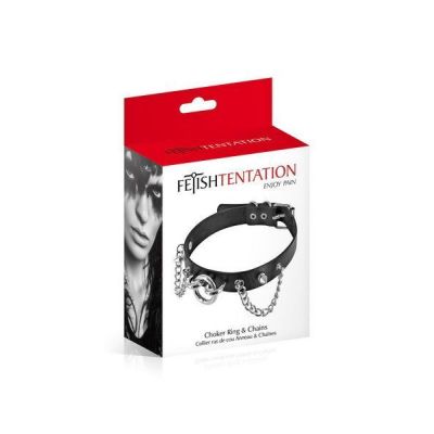 Нашийник із ланцюжками, шипами та кільцем Fetish Tentation Choker Rings and Chains, екошкіра