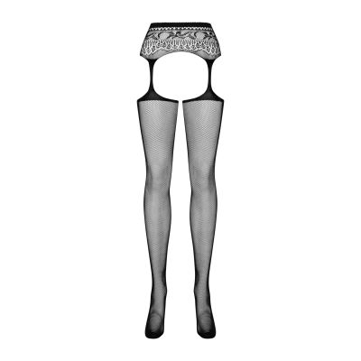 Сітчасті панчохи-стокінги з мереживним поясом Obsessive Garter stockings S307 S/M/L, чорні, імітація гартерів, з доступом Сітчасті панчохи-стокінги з мереживним поясом Obsessive Garter stockings S307 S/M/L, чорні, імітація гартерів, з доступом