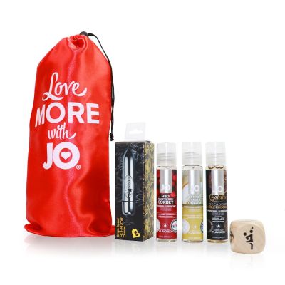 Набір для двох «Малиновий рай»: 3 смакові змазки System JO, віброкуля, кубик із позами для сексу