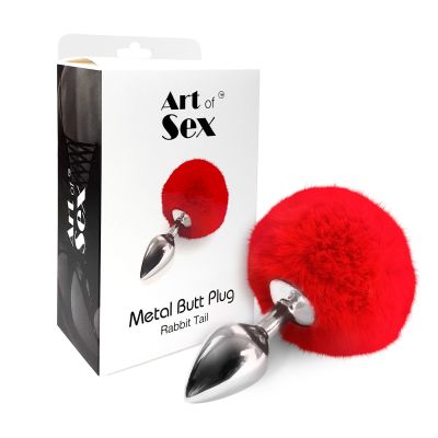 Металева анальна пробка М Art of Sex — Bunny Tails Butt plug, червона