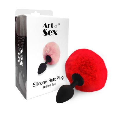 Силіконова анальна пробка М Art of Sex — Silicone Bunny Tails Butt plug Red, діаметр 3,5 см