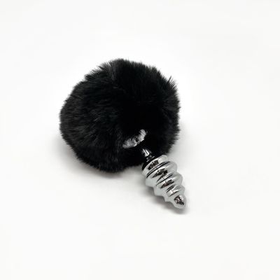 Металева анальна пробка «Кролячий хвостик» Alive Fluffy Twist Plug S Black, діаметр 2,9 см