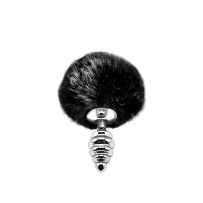 Металева анальна пробка «Кролячий хвостик» Alive Fluffy Twist Plug S Black, діаметр 2,9 см