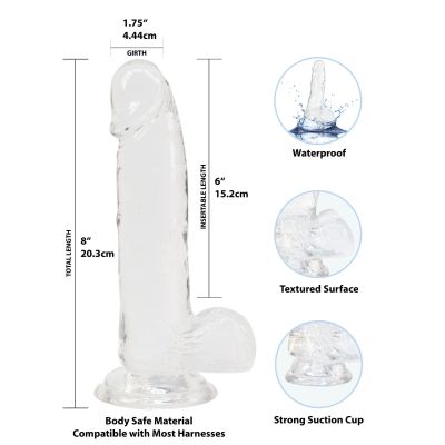 Прозорий фалоімітатор на присосці ADDICTION — Clear Dildo with Balls 8″, віброкуля в подарунок