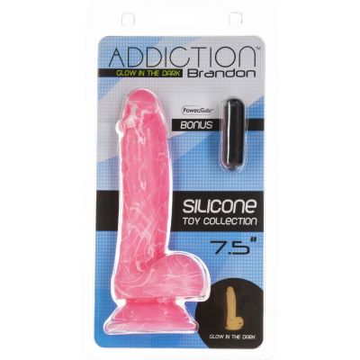Фалоімітатор, що світиться у темряві, ADDICTION - BRANDON - 7.5 "- PINK G.I.D. / W PB, 19 см, силікон