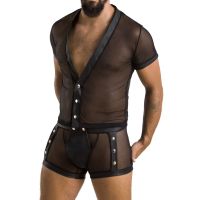 Комплект сітчастої чоловічої білизни Passion 052 SET MICHAEL 2XL/3XL black сорочка, боксери заклепки
